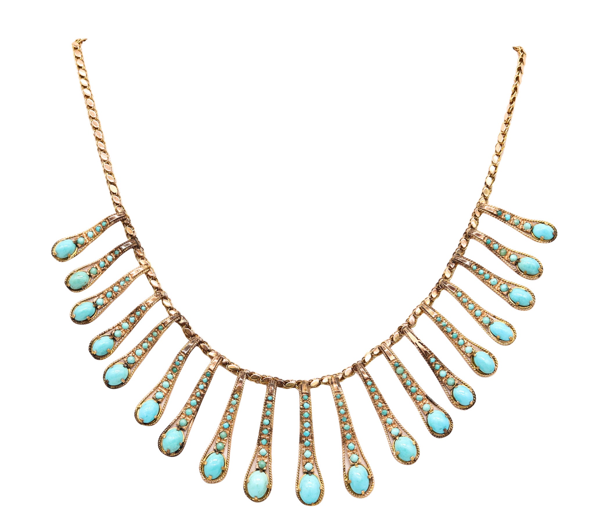 VICTORIAN 1880 Etruscan Revival Festoon Necklace In 14Kt Gold With Turquoises