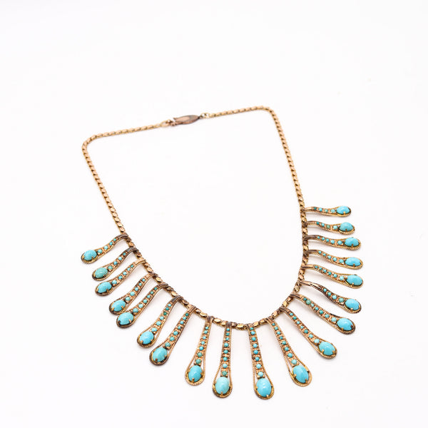 VICTORIAN 1880 Etruscan Revival Festoon Necklace In 14Kt Gold With Turquoises