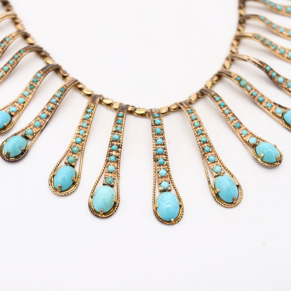 VICTORIAN 1880 Etruscan Revival Festoon Necklace In 14Kt Gold With Turquoises