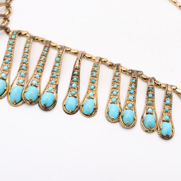 VICTORIAN 1880 Etruscan Revival Festoon Necklace In 14Kt Gold With Turquoises