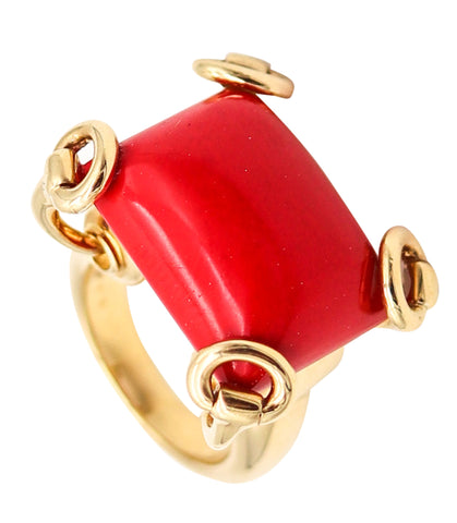 -Gucci Milano Horse bits Cocktail Ring In 18Kt Yellow Gold with 24.45 Cts Coral