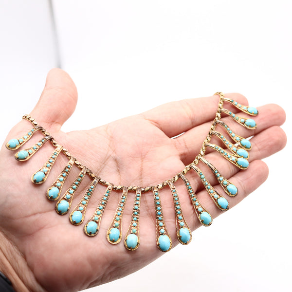 VICTORIAN 1880 Etruscan Revival Festoon Necklace In 14Kt Gold With Turquoises