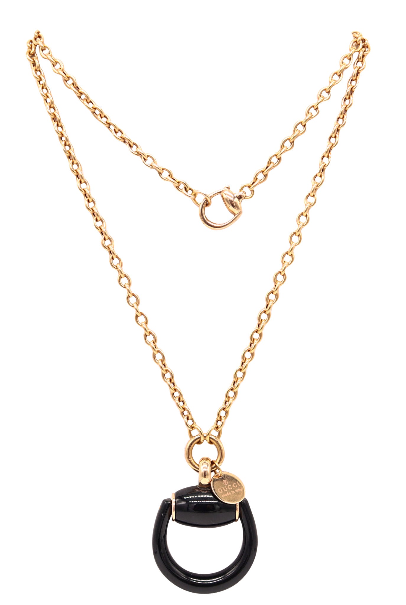 GUCCI Milano Enameled Horsebit Dangle Drop Necklace-Pendant In 18Kt Yellow Gold