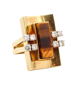 MODERNIST 1970 Geometric Cocktail Ring In 18Kt Gold With Diamonds & Tiger Eye