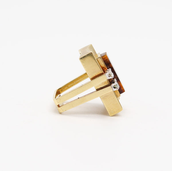 MODERNIST 1970 Geometric Cocktail Ring In 18Kt Gold With Diamonds & Tiger Eye
