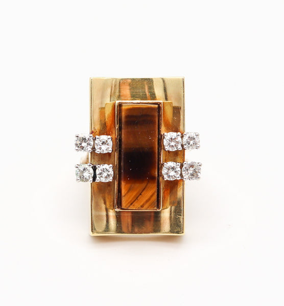 MODERNIST 1970 Geometric Cocktail Ring In 18Kt Gold With Diamonds & Tiger Eye