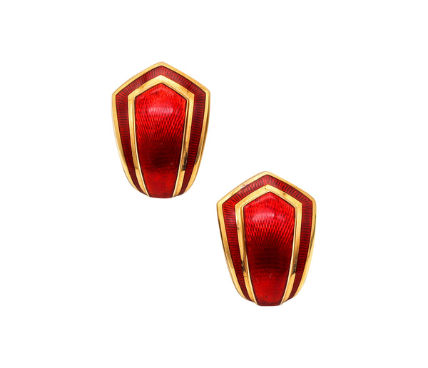 LEO DE VROOMEN 1994 London Red Enameled Clips On Earrings In 18Kt Yellow Gold