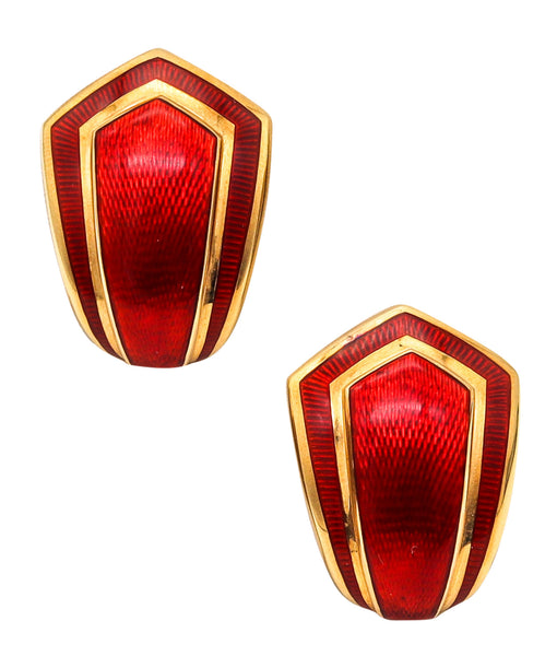 LEO DE VROOMEN 1994 London Red Enameled Clips On Earrings In 18Kt Yellow Gold