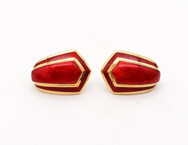 LEO DE VROOMEN 1994 London Red Enameled Clips On Earrings In 18Kt Yellow Gold