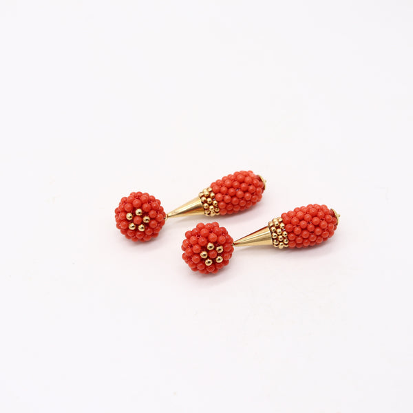 NEAPOLITAN Vintage Vivid Red Coral Dangle-Drops Earrings In 18Kt Yellow Gold