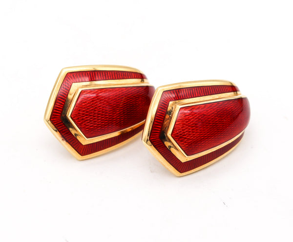 LEO DE VROOMEN 1994 London Red Enameled Clips On Earrings In 18Kt Yellow Gold