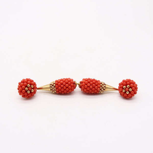 NEAPOLITAN Vintage Vivid Red Coral Dangle-Drops Earrings In 18Kt Yellow Gold