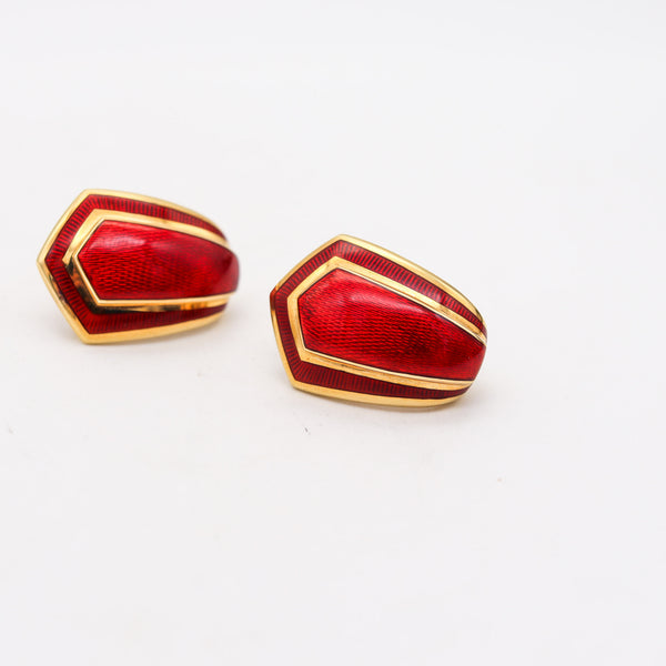 LEO DE VROOMEN 1994 London Red Enameled Clips On Earrings In 18Kt Yellow Gold