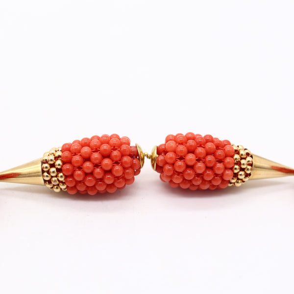 NEAPOLITAN Vintage Vivid Red Coral Dangle-Drops Earrings In 18Kt Yellow Gold