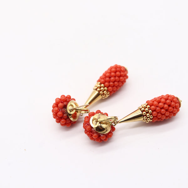 NEAPOLITAN Vintage Vivid Red Coral Dangle-Drops Earrings In 18Kt Yellow Gold