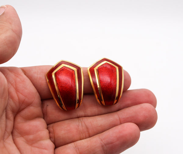 LEO DE VROOMEN 1994 London Red Enameled Clips On Earrings In 18Kt Yellow Gold