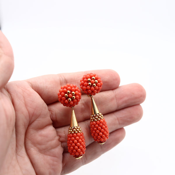 NEAPOLITAN Vintage Vivid Red Coral Dangle-Drops Earrings In 18Kt Yellow Gold