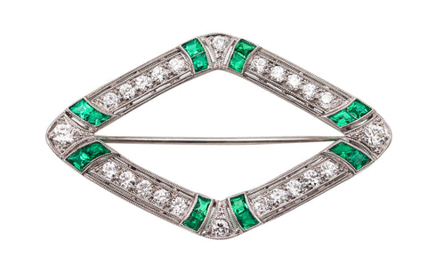 -MARCUS & CO. 1910 Edwardian Brooch In Platinum With 3.12 Ctw In Diamonds & Emeralds