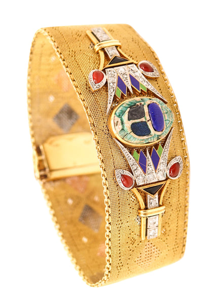 EGYPTIAN REVIVAL 1920 Italian Art Deco Mesh Bracelet In 18Kt Gold With Gemstones