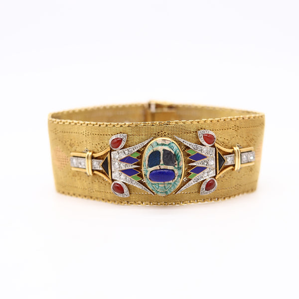 EGYPTIAN REVIVAL 1920 Italian Art Deco Mesh Bracelet In 18Kt Gold With Gemstones