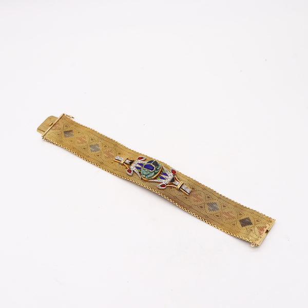 EGYPTIAN REVIVAL 1920 Italian Art Deco Mesh Bracelet In 18Kt Gold With Gemstones