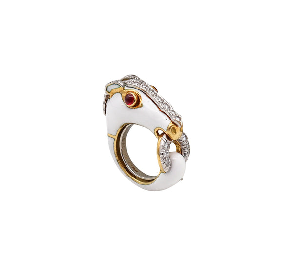 -David Webb Enameled Horse Ring In 18Kt Gold And Platinum With Diamonds And Rubies