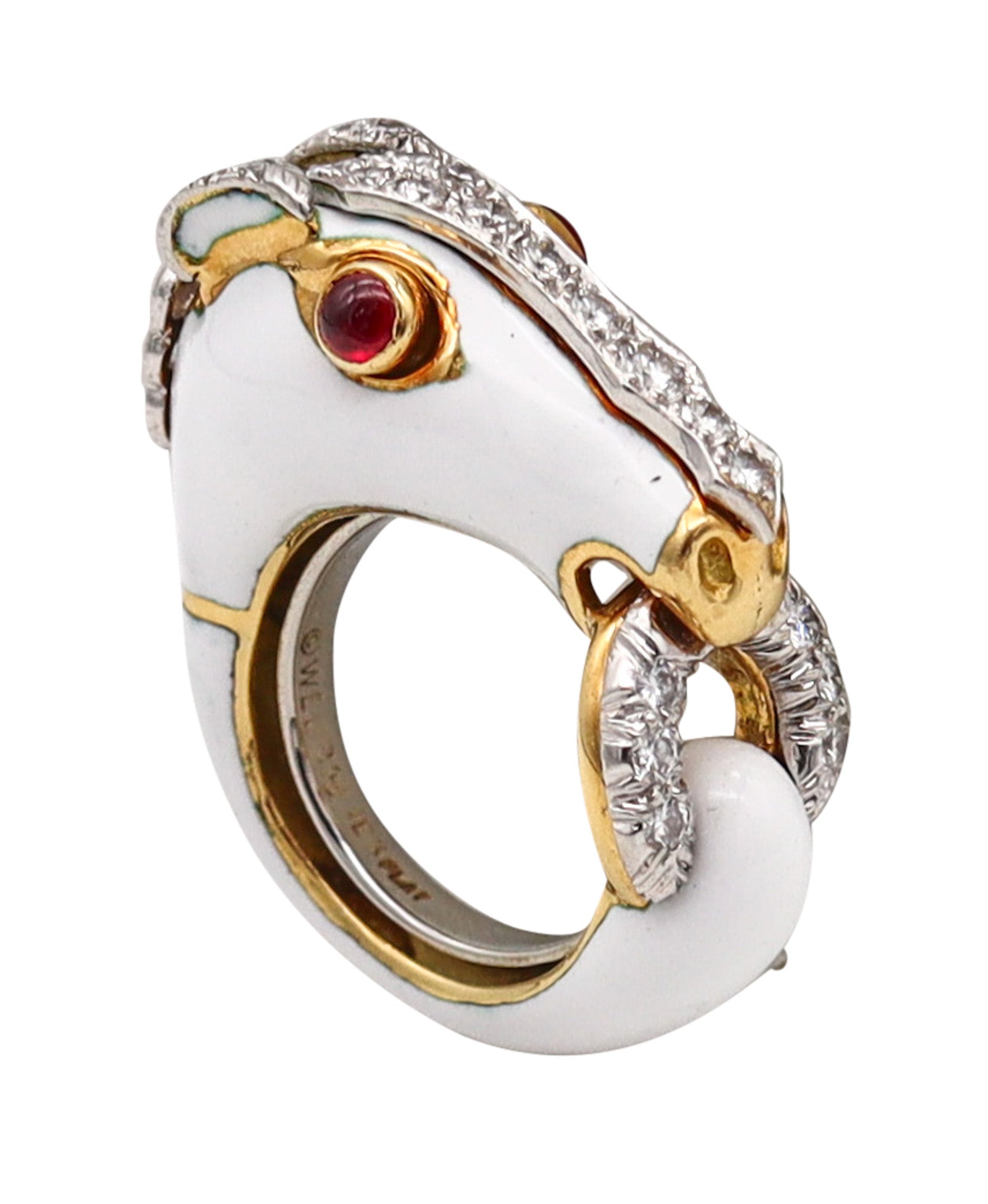 -David Webb Enameled Horse Ring In 18Kt Gold And Platinum With Diamonds And Rubies