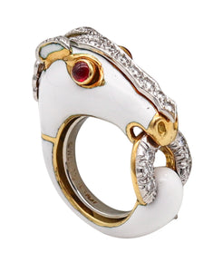 -David Webb Enameled Horse Ring In 18Kt Gold And Platinum With Diamonds And Rubies