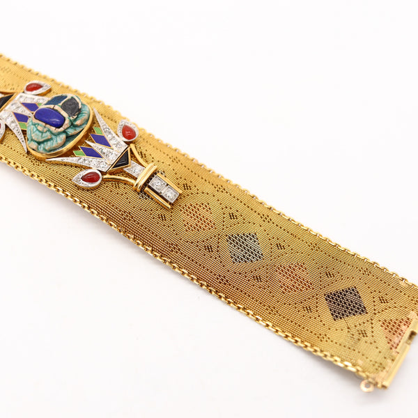 EGYPTIAN REVIVAL 1920 Italian Art Deco Mesh Bracelet In 18Kt Gold With Gemstones