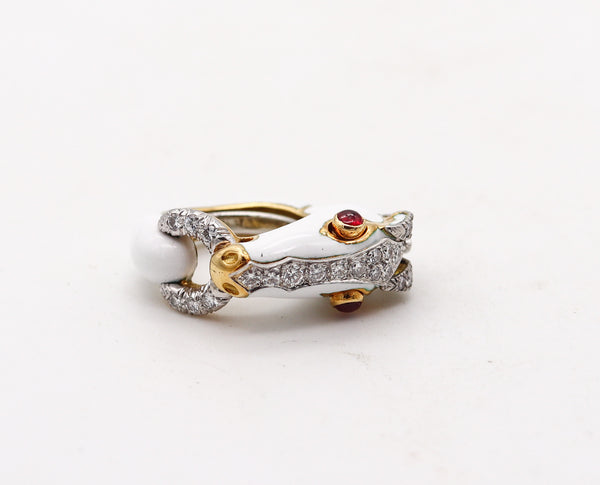 -David Webb Enameled Horse Ring In 18Kt Gold And Platinum With Diamonds And Rubies