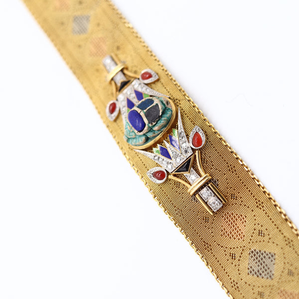 EGYPTIAN REVIVAL 1920 Italian Art Deco Mesh Bracelet In 18Kt Gold With Gemstones
