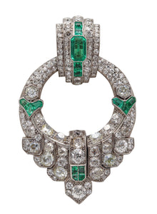 OSTERTAG Paris 1930 Art Deco Pendant Brooch Platinum 20.24 Ctw Diamonds & Emeralds