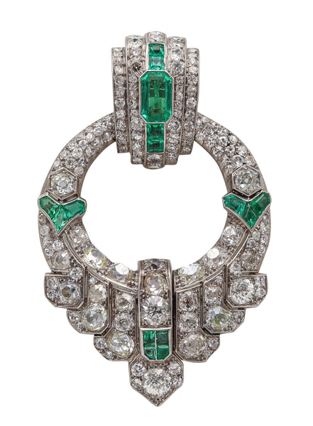 OSTERTAG Paris 1930 Art Deco Pendant Brooch Platinum 20.24 Ctw Diamonds & Emeralds