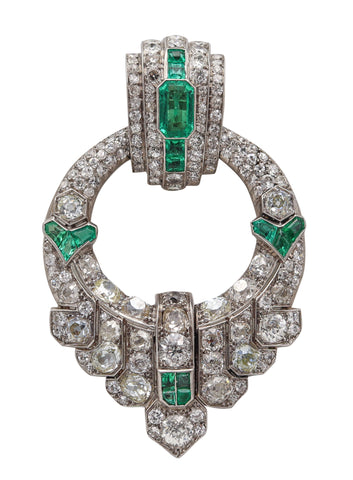 OSTERTAG Paris 1930 Art Deco Pendant Brooch Platinum 20.24 Ctw Diamonds & Emeralds