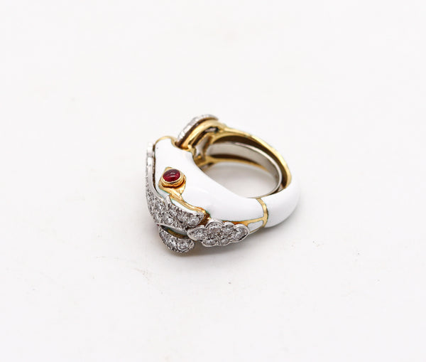 -David Webb Enameled Horse Ring In 18Kt Gold And Platinum With Diamonds And Rubies