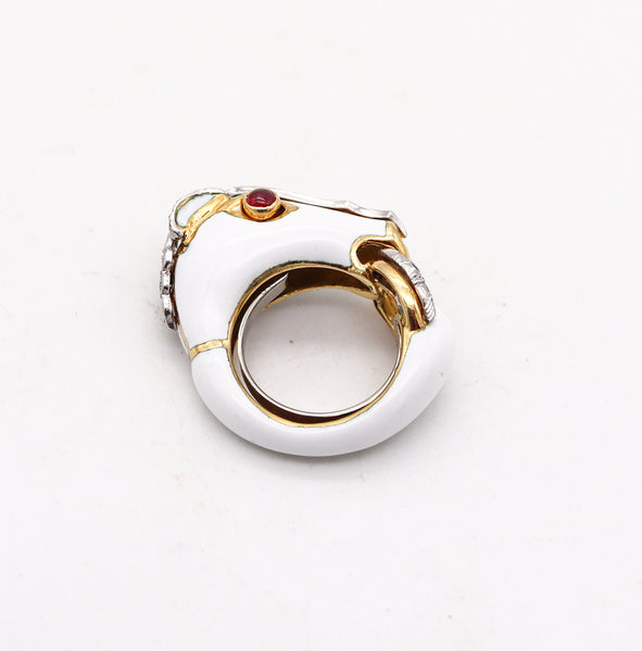 -David Webb Enameled Horse Ring In 18Kt Gold And Platinum With Diamonds And Rubies