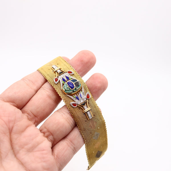 EGYPTIAN REVIVAL 1920 Italian Art Deco Mesh Bracelet In 18Kt Gold With Gemstones