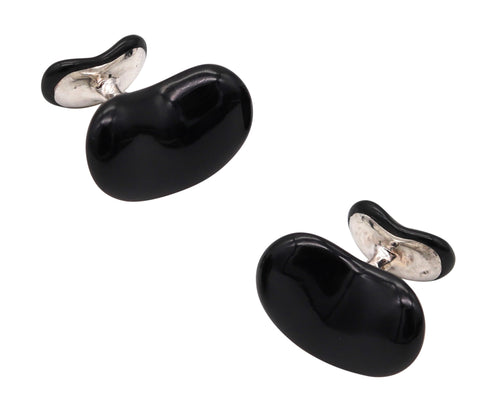 TIFFANY & CO. 1980 Elsa Peretti Beans Cufflinks In .925 Sterling With Black Jade