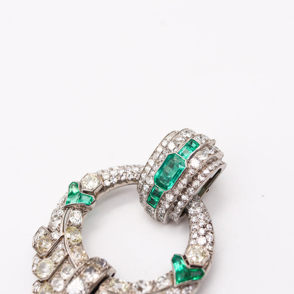 OSTERTAG Paris 1930 Art Deco Pendant Brooch Platinum 20.24 Ctw Diamonds & Emeralds