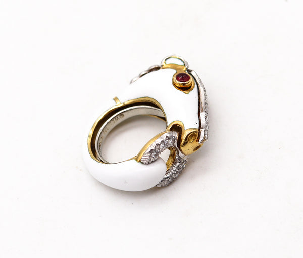 -David Webb Enameled Horse Ring In 18Kt Gold And Platinum With Diamonds And Rubies