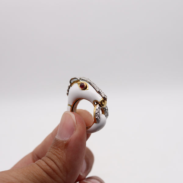 -David Webb Enameled Horse Ring In 18Kt Gold And Platinum With Diamonds And Rubies