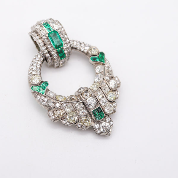 OSTERTAG Paris 1930 Art Deco Pendant Brooch Platinum 20.24 Ctw Diamonds & Emeralds
