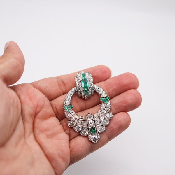 OSTERTAG Paris 1930 Art Deco Pendant Brooch Platinum 20.24 Ctw Diamonds & Emeralds