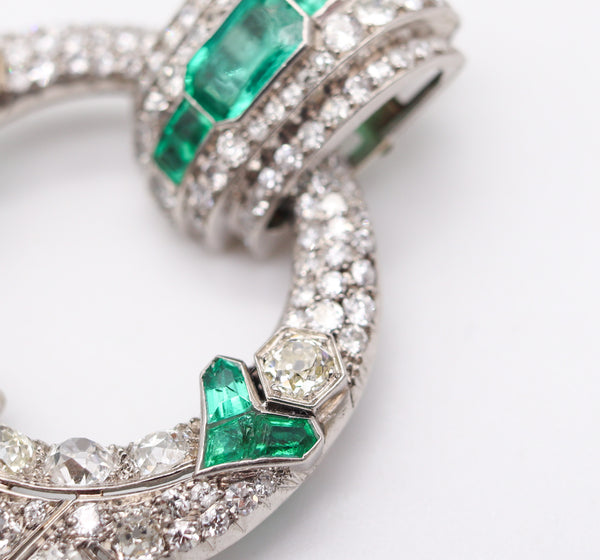 OSTERTAG Paris 1930 Art Deco Pendant Brooch Platinum 20.24 Ctw Diamonds & Emeralds