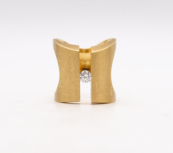 -Italian Sculptural Cocktail Ring In Satin 18Kt Yellow Gold With VS Diamond