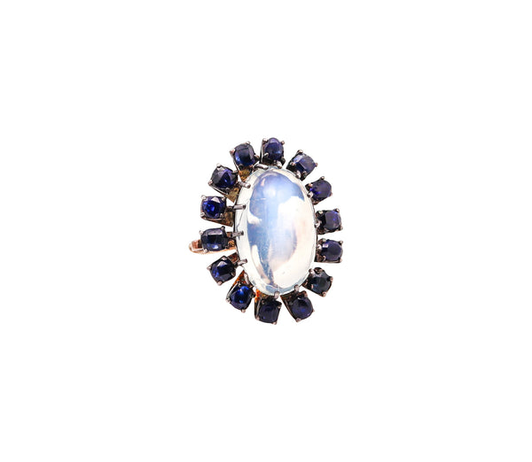 VICTORIAN 1880 Cocktail Ring In 10Kt Gold With Moonstone & Sapphires