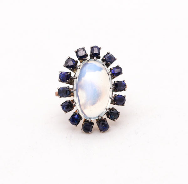 VICTORIAN 1880 Cocktail Ring In 10Kt Gold With Moonstone & Sapphires