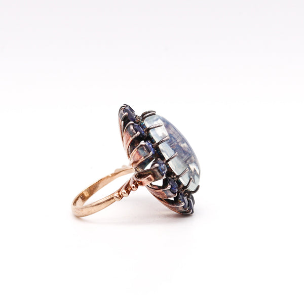 VICTORIAN 1880 Cocktail Ring In 10Kt Gold With Moonstone & Sapphires