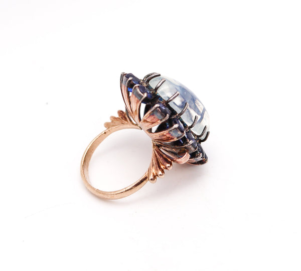 VICTORIAN 1880 Cocktail Ring In 10Kt Gold With Moonstone & Sapphires