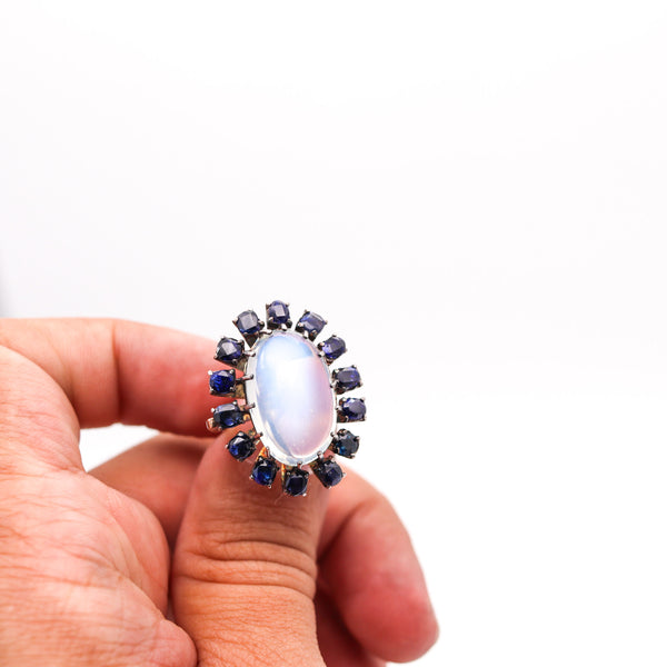 VICTORIAN 1880 Cocktail Ring In 10Kt Gold With Moonstone & Sapphires